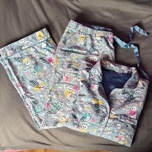 Women’s Nick & Nora grey owl print flannel pj set, size Extra Large (XL)